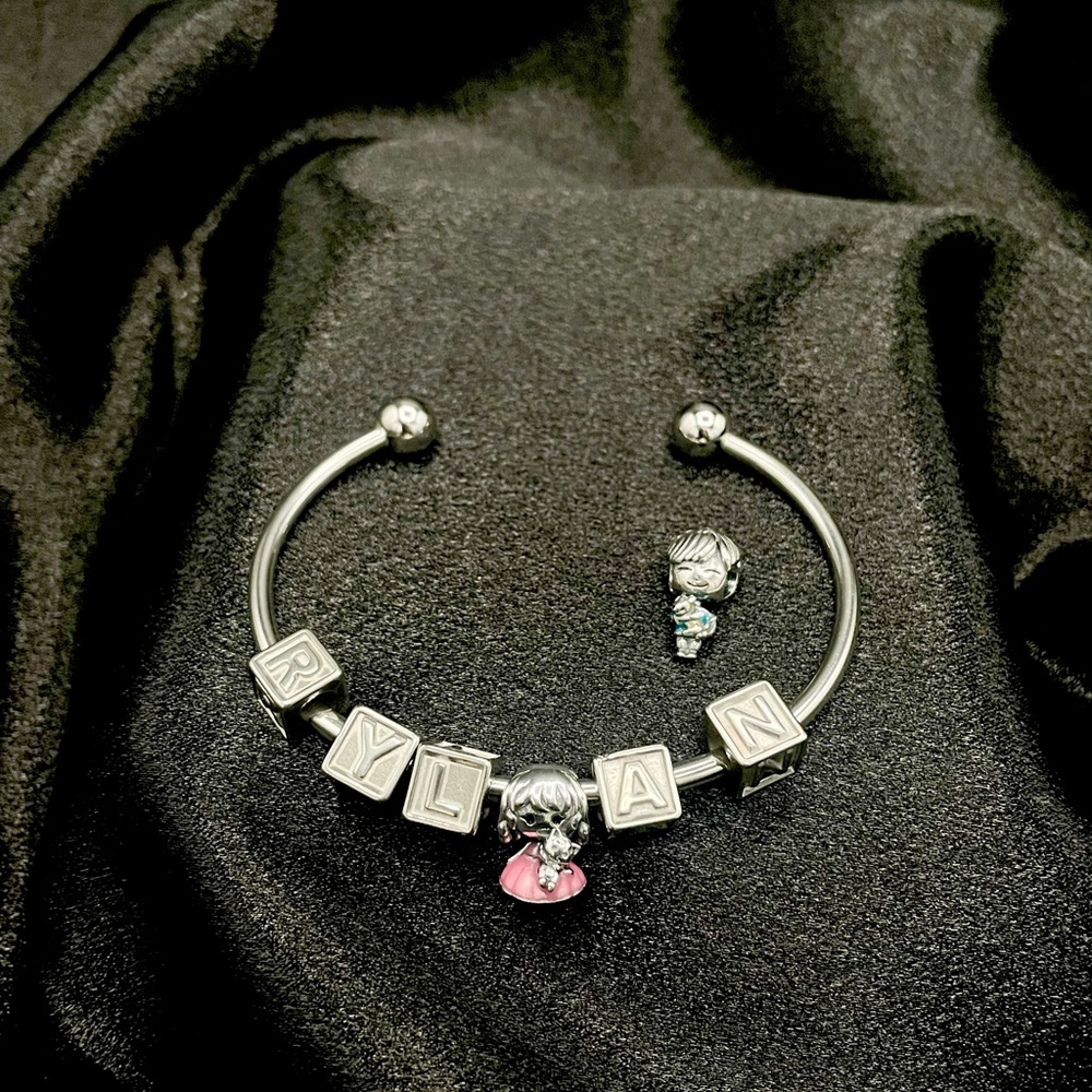 Linx Open Bangle Charm Bracelet with Custom Son or Daughter Name and Charm